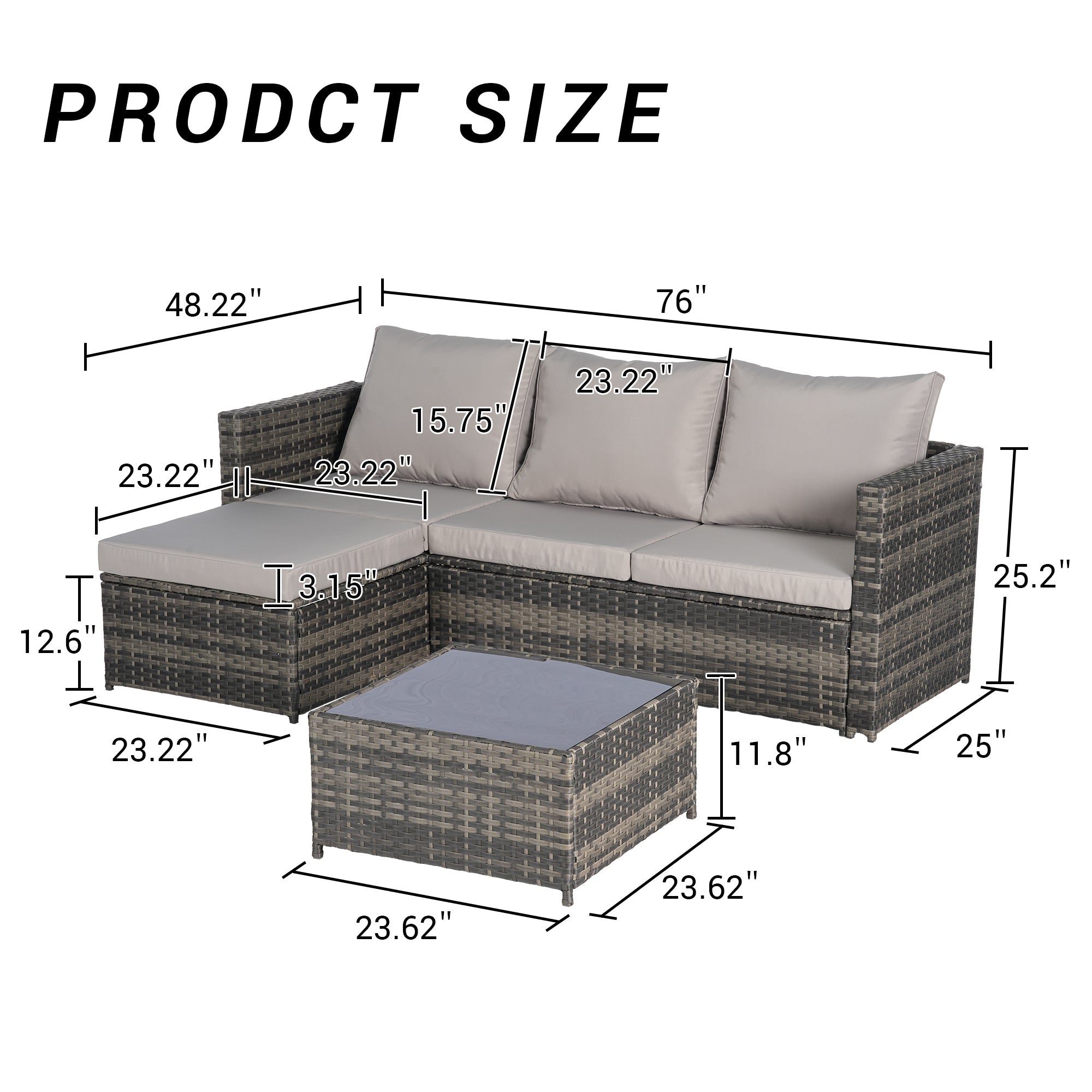 Outdoor Sectional Set PE Rattan Steel Light Gray L-Shape 3 Piece Seats 4