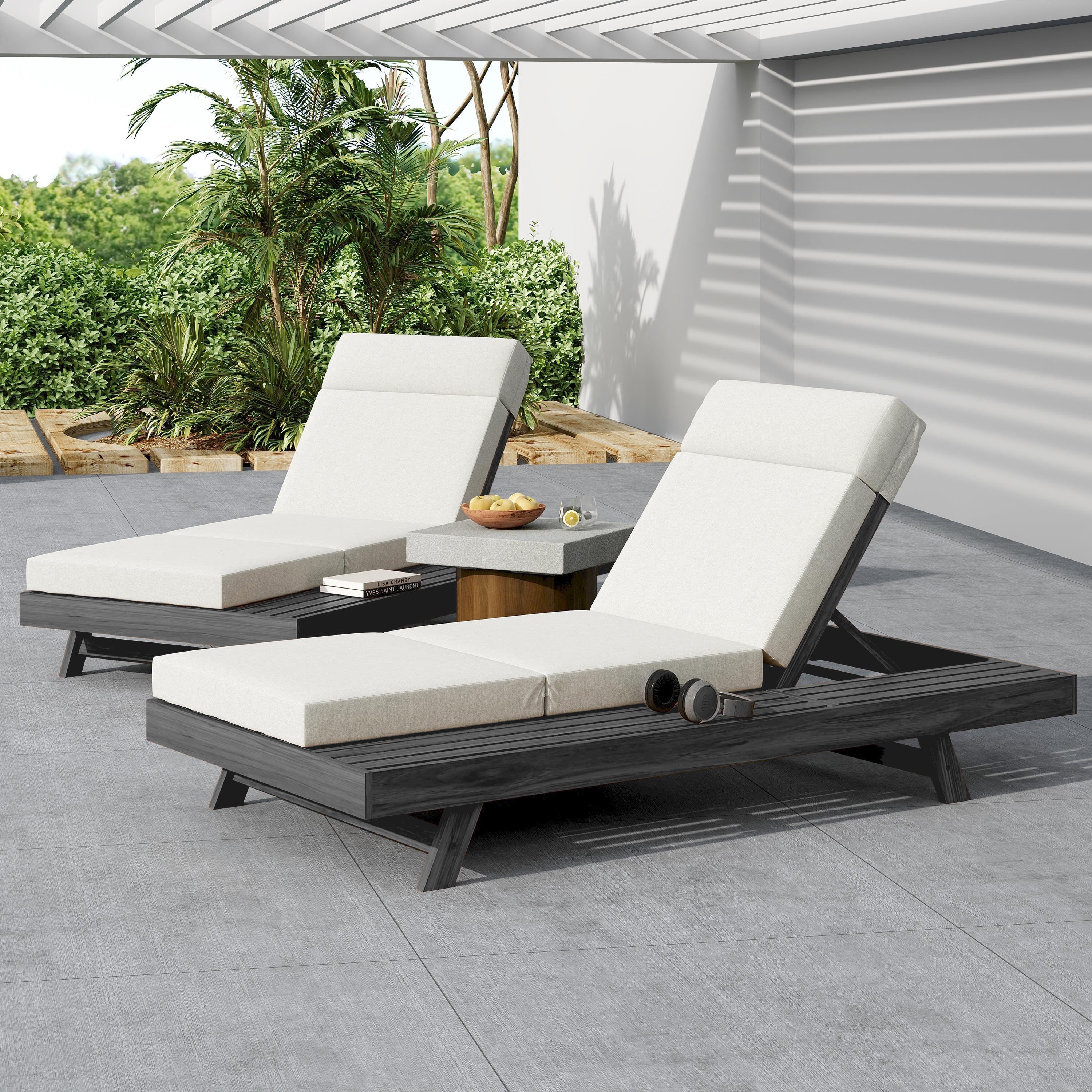 Chaise Lounge Acacia Wood Black 4-Position Cream Cushion 79in