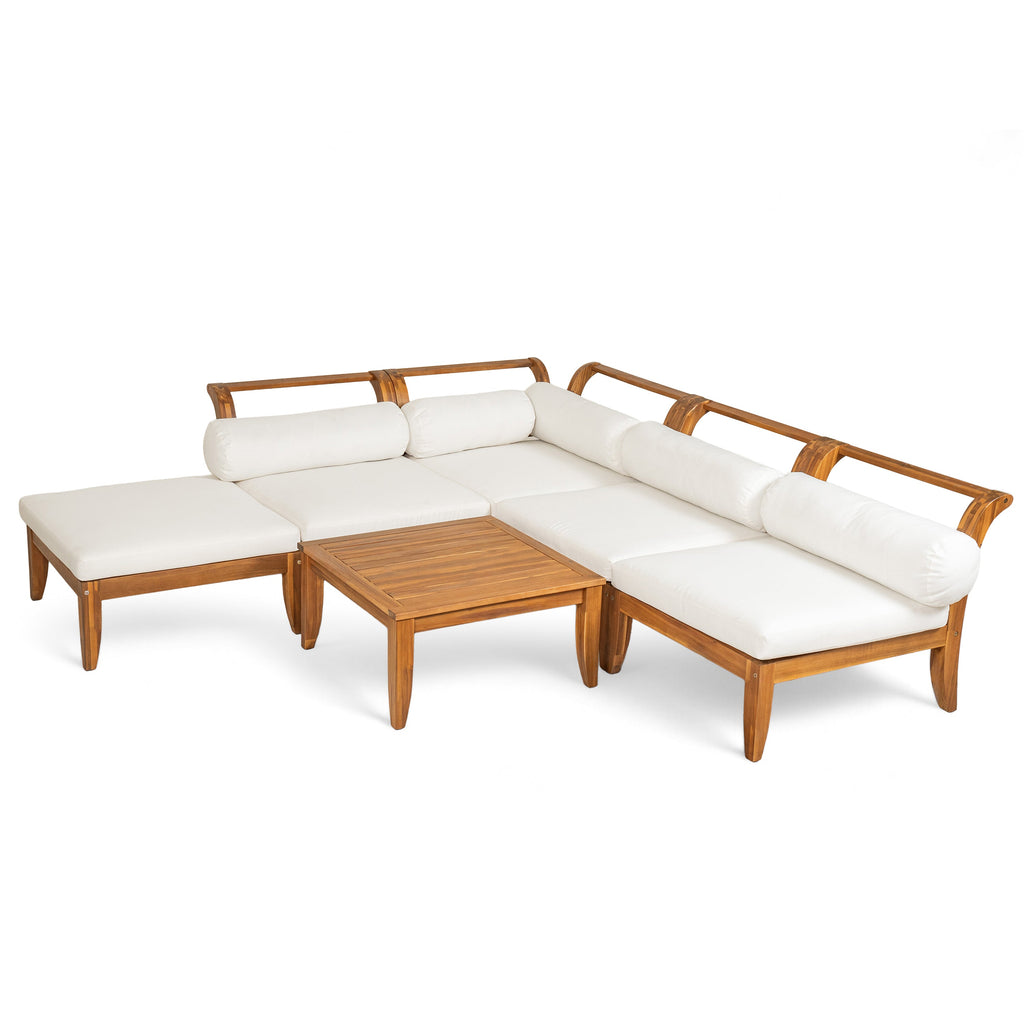 Outdoor Patio Set L-Shape Acacia Wood Teak Beige Cushions 6 Piece