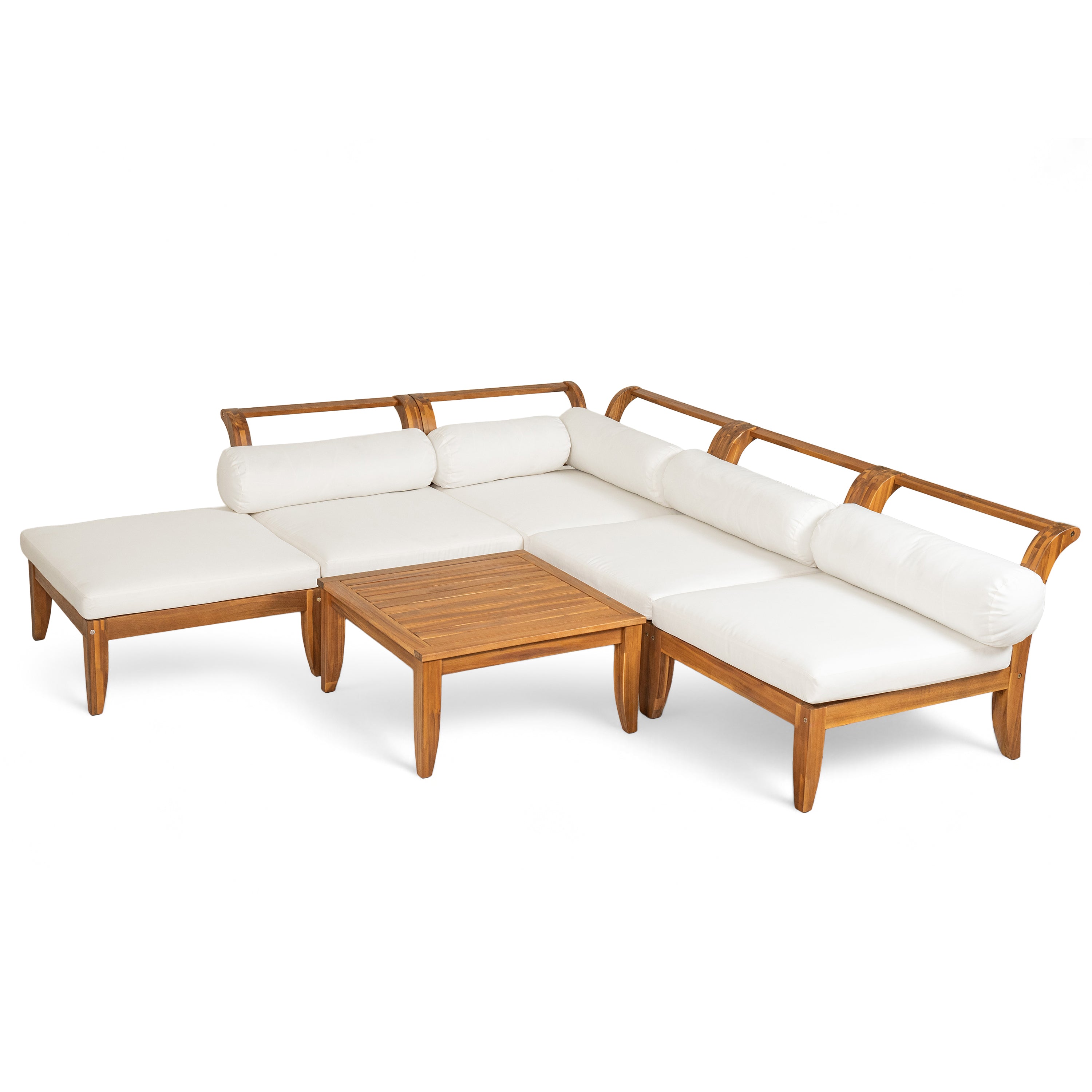 Outdoor Patio Set L-Shape Acacia Wood Teak Beige Cushions 6 Piece