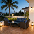 Outdoor Sectional Set PE Wicker Steel Coffee Blue Cushion 4 Piece Seats 4