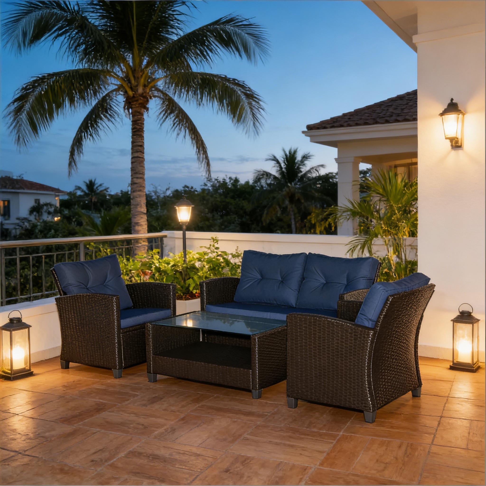 Outdoor Sectional Set PE Wicker Steel Coffee Blue Cushion 4 Piece Seats 4