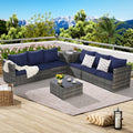 Outdoor Sectional Set PE Rattan Steel Dark Blue L-Shape 6 Piece Seats 8