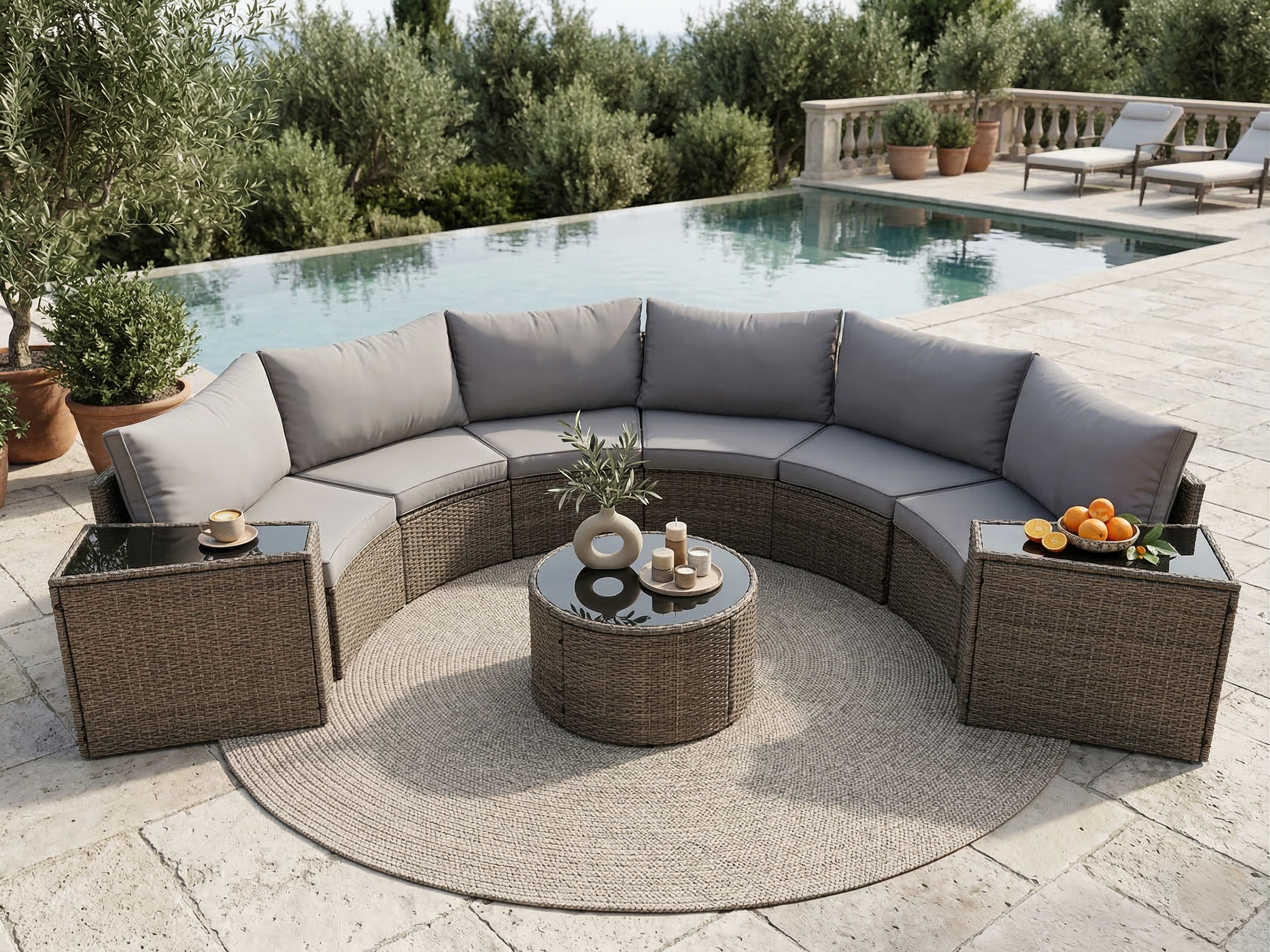 Outdoor Sectional Set PE Rattan Steel Light Gray Half Moon 9 Piece 380 LB