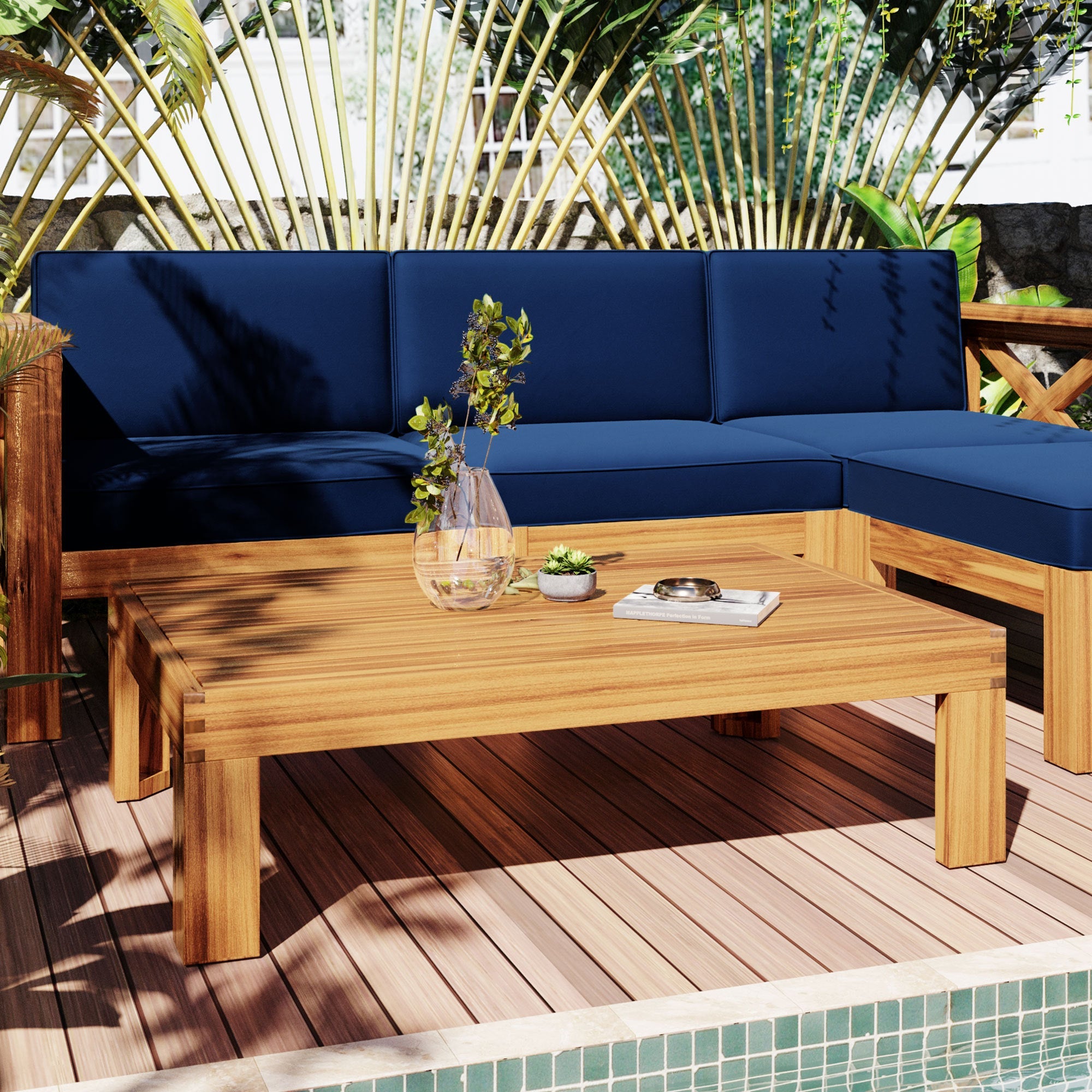 Outdoor Patio Sectional Set Acacia Wood Natural Blue Cushions 5 Piece