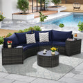 Outdoor Sectional Set PE Rattan Steel Dark Blue Half Moon 7 Piece 380 LB