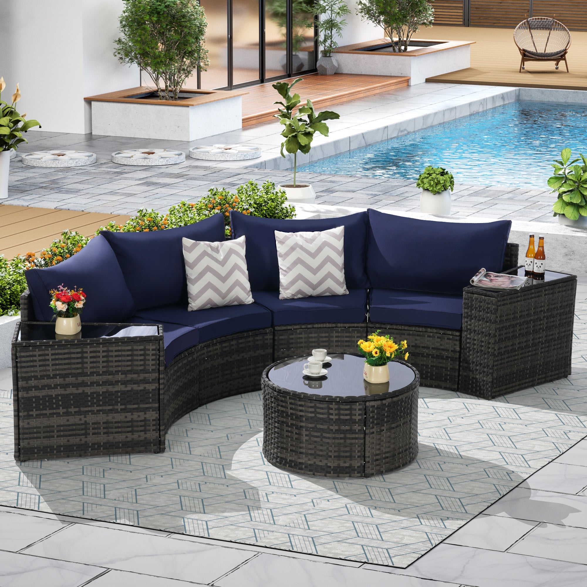 Outdoor Sectional Set PE Rattan Steel Dark Blue Half Moon 7 Piece 380 LB