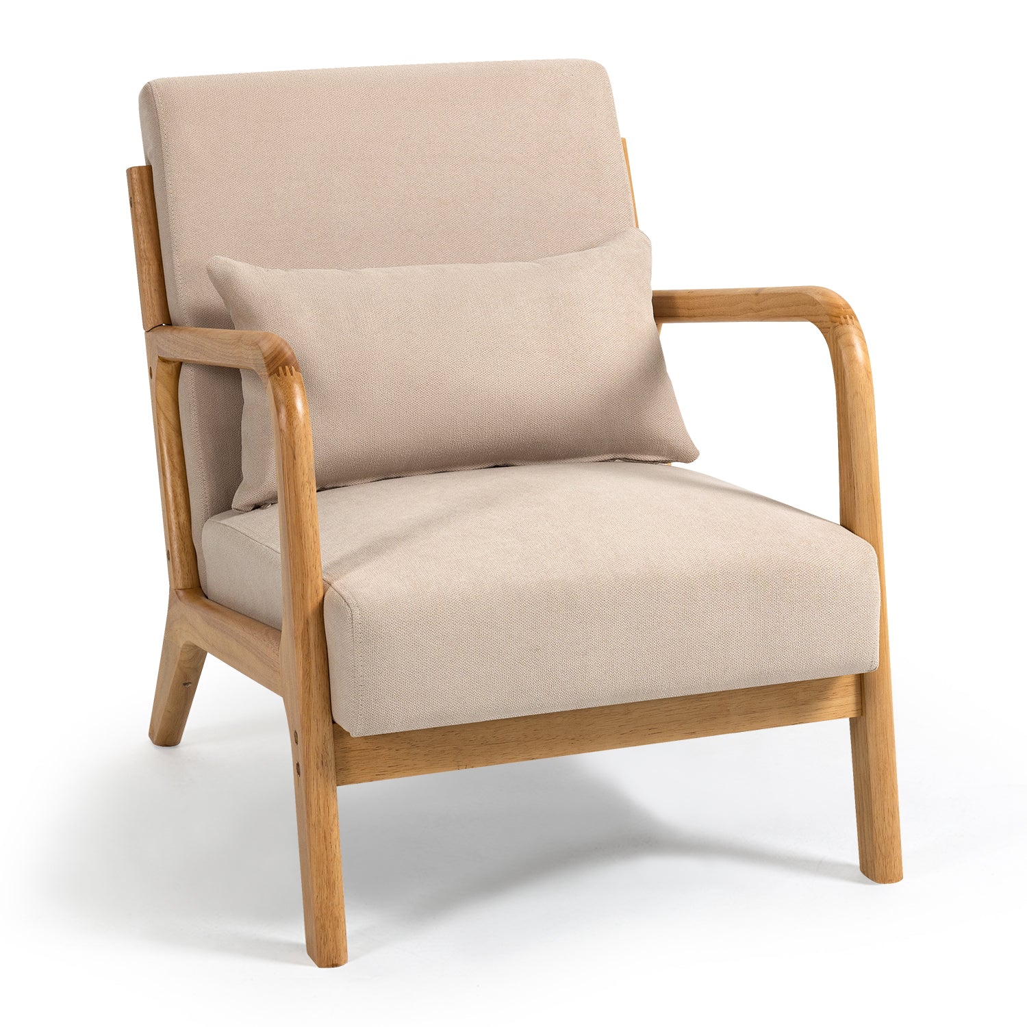 Accent Chair Mid-Century Linen Beige Solid Wood Arms and Legs 23x30x30 In