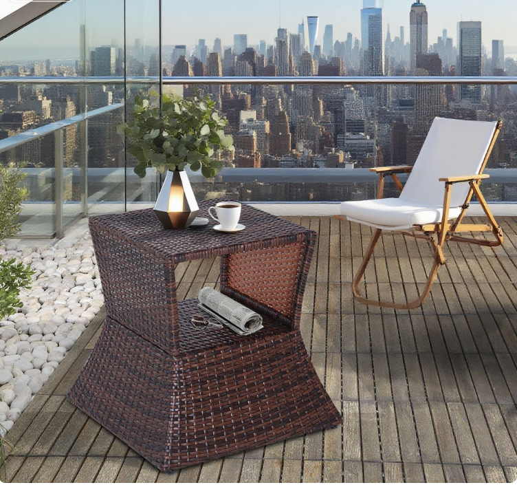 Outdoor Side Table PE Rattan Wicker Brown Umbrella Hole 21in