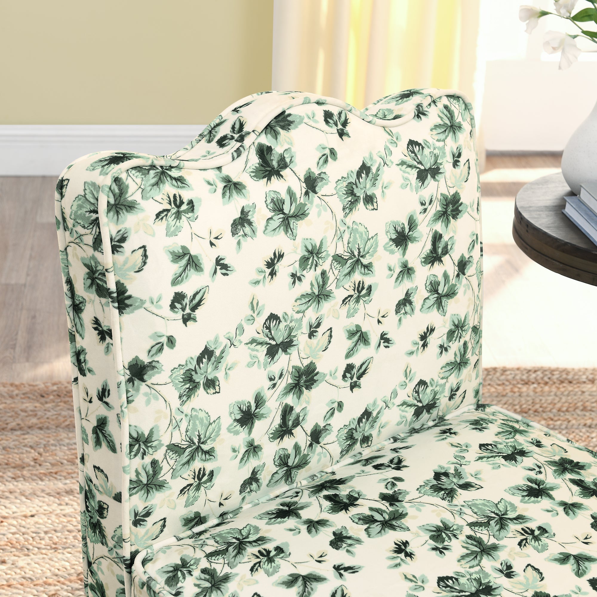 Dining Chair Flannelette Floral Green Armless Wood Frame 25x26x35 In