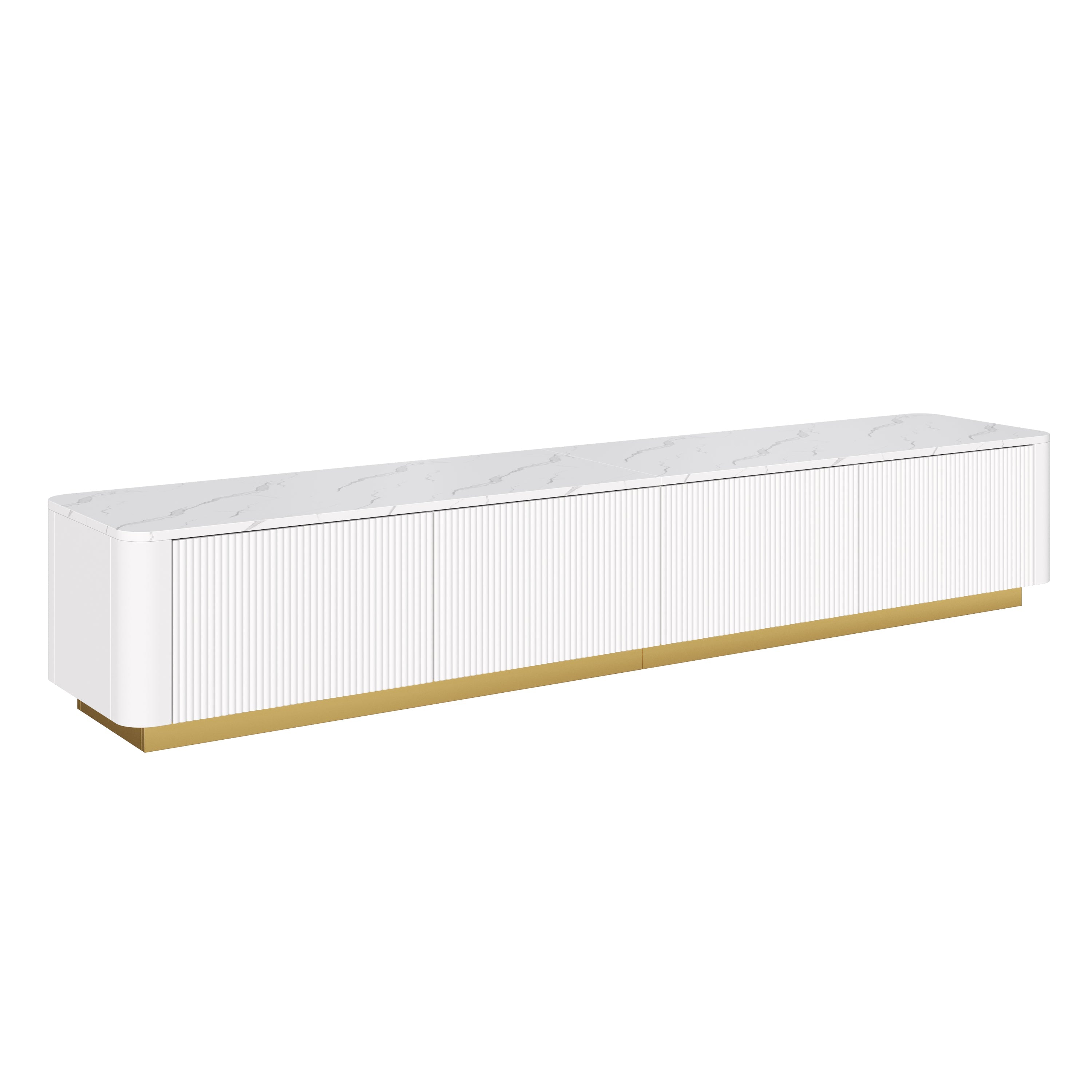 Luxury Fluted White TV Stand Faux Marble Top 4-Drawer 85