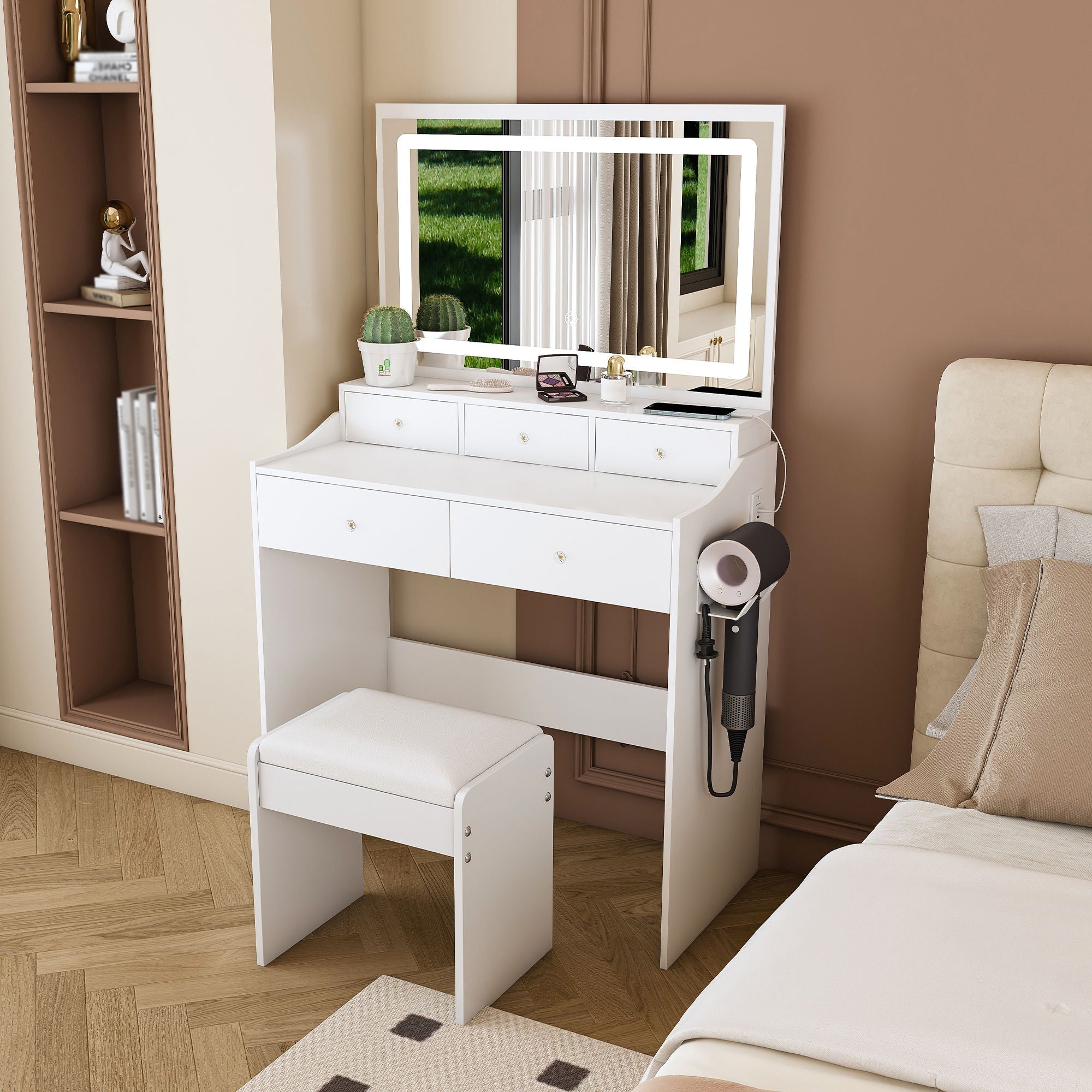 Modern Makeup Vanity Set With Power Outlet, Hair Dryer Holder, And Adjustable Lighting