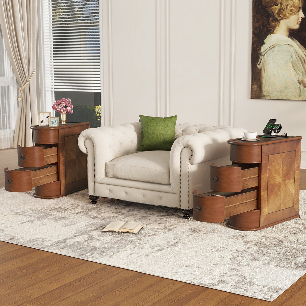 End Table Charging Station 2 AC 2 USB Ports 2 Drawers Arc Design Walnut 23.6 In