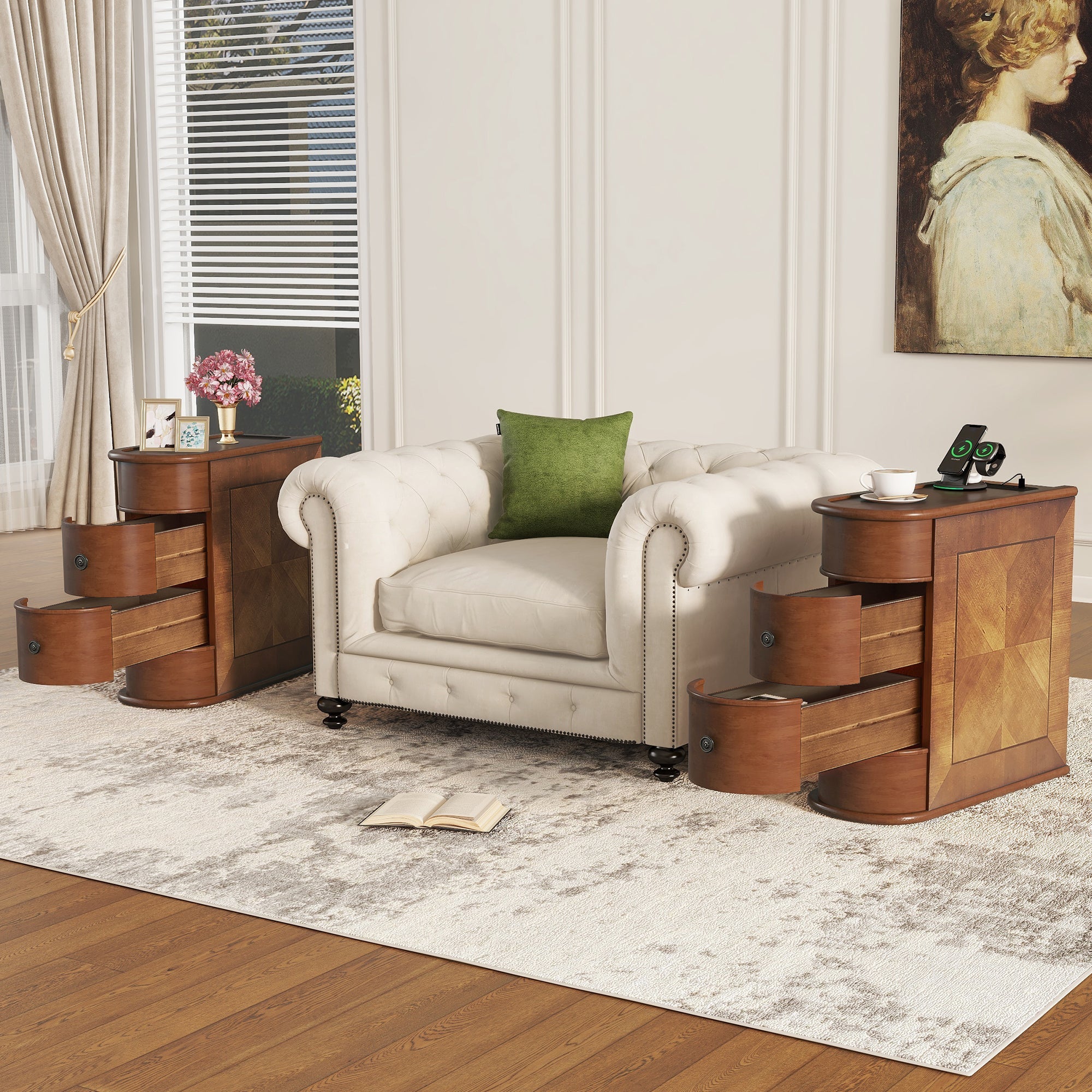 End Table Charging Station 2 AC 2 USB Ports 2 Drawers Arc Design Walnut 23.6 In