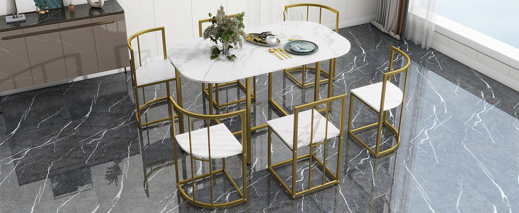 Modern 7-Piece Dining Table Set with Faux Marble Compact 55 In Kitchen Table Set for 6