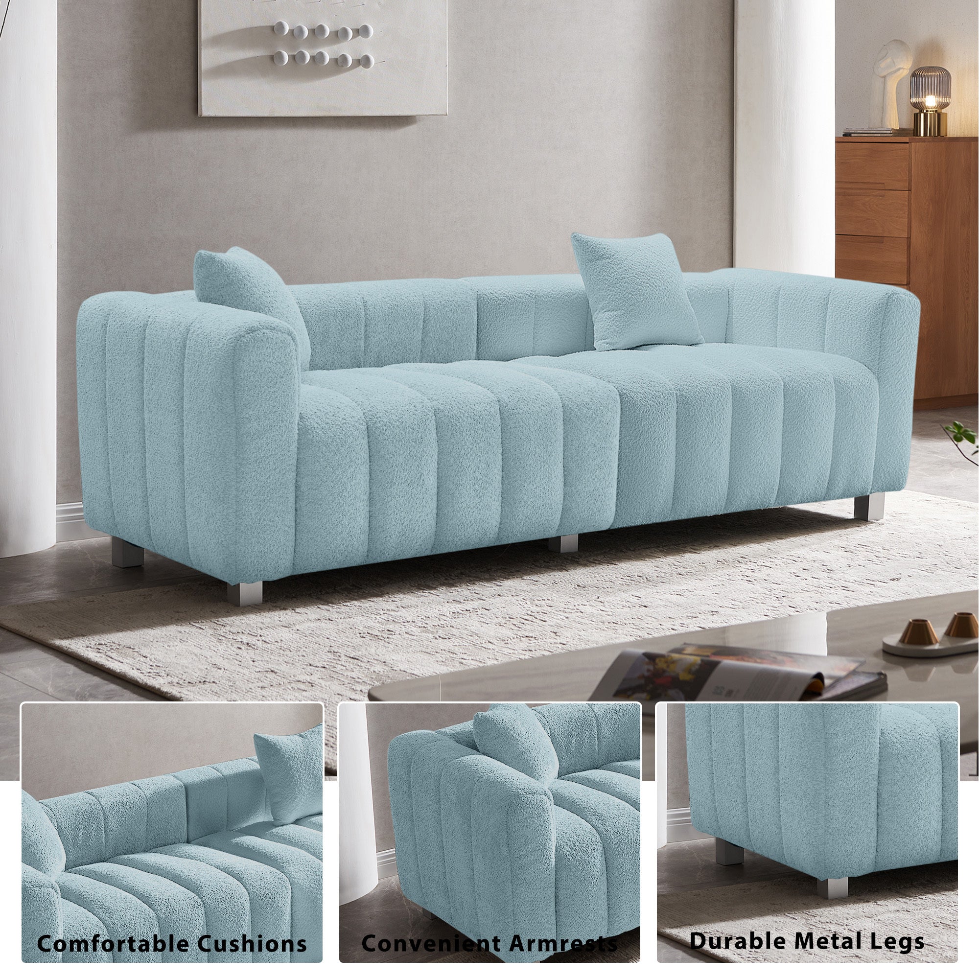Sofa Modular Velvet Teddy Blue 3 Seat Metal Legs 87 In 750 LB