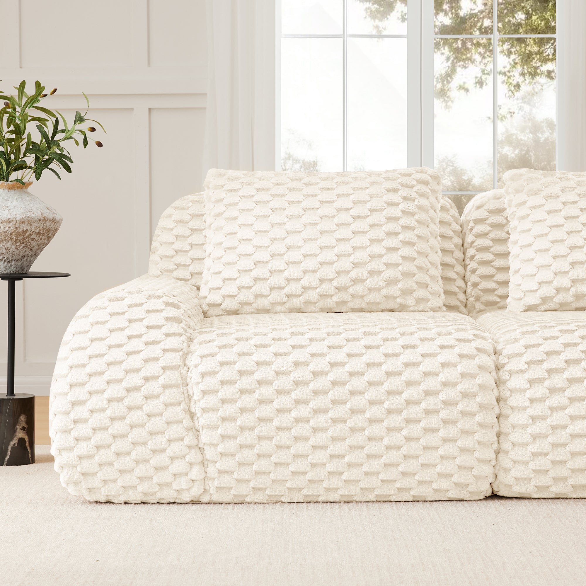 Sectional Sofa Modular Flannelette Cream Deep Seat 2 Seat No Assembly