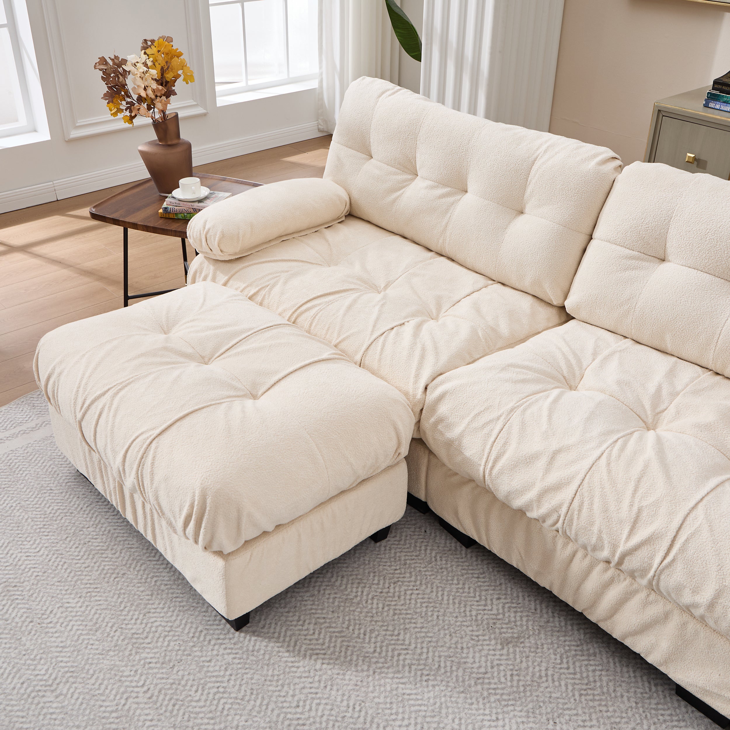 Sectional Sofa Cloud Modular Flannelette Beige 3 Seat 123 In 5 Pillows
