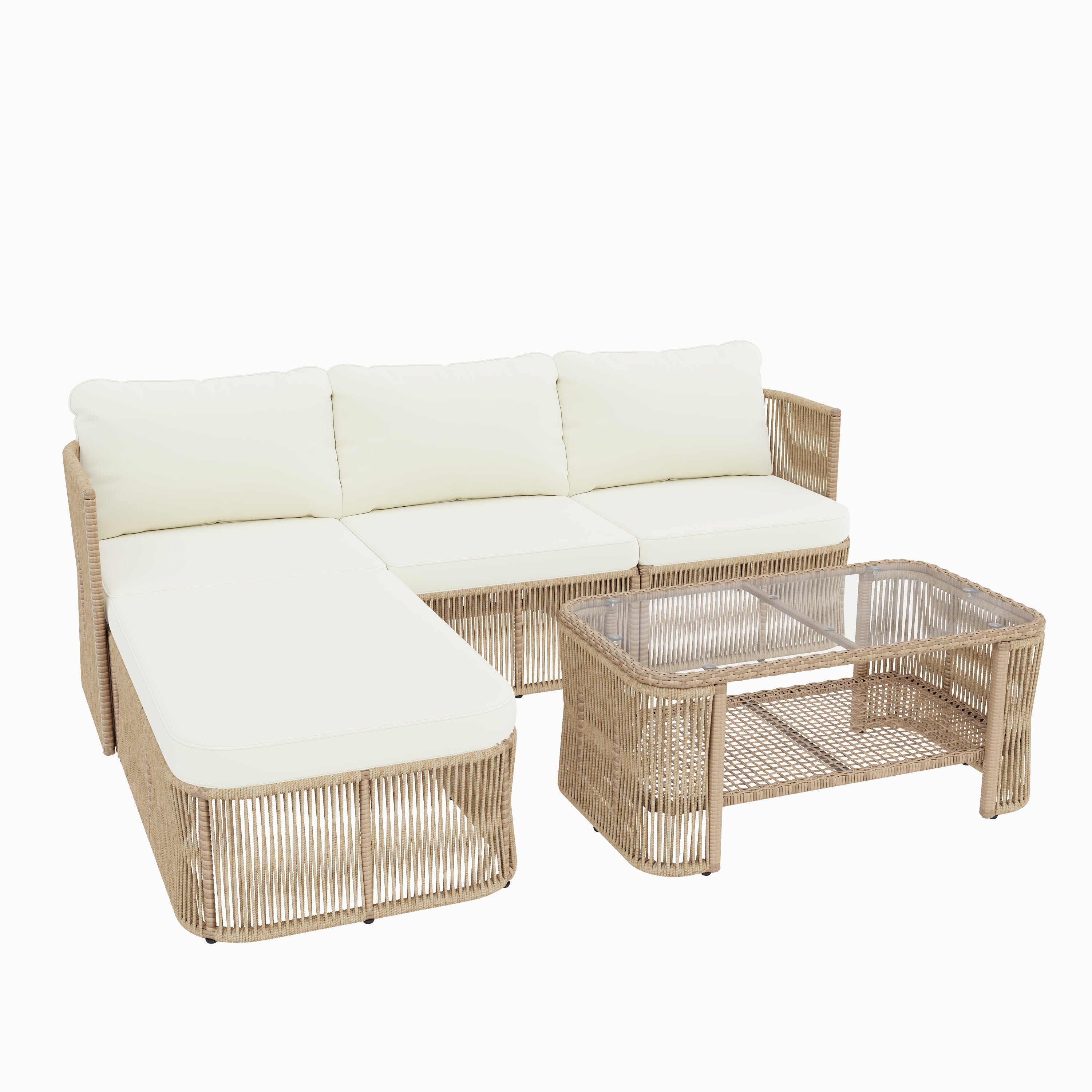 Outdoor Patio Set PE Rattan Iron Dark Beige Modular Glass Table