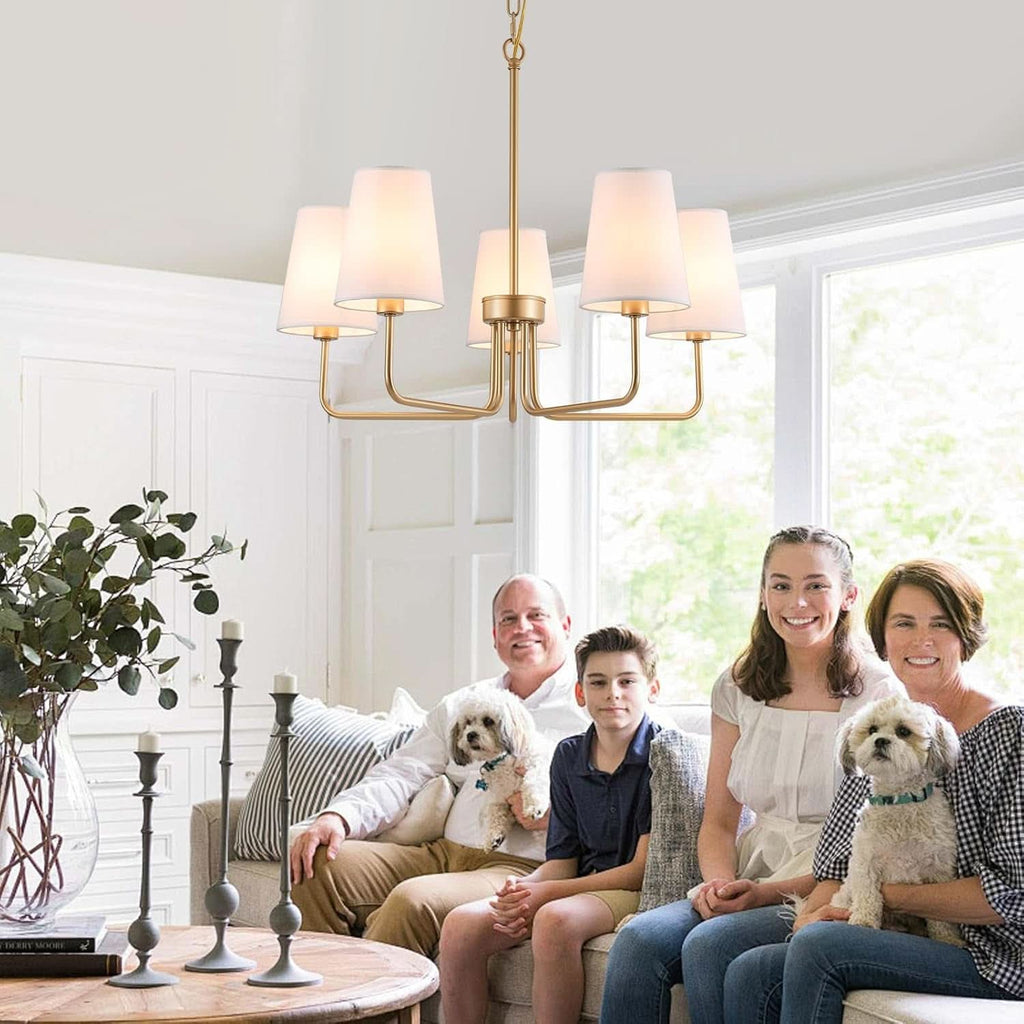 Five Light Gilded Farmhouse Chandelier With White Shades