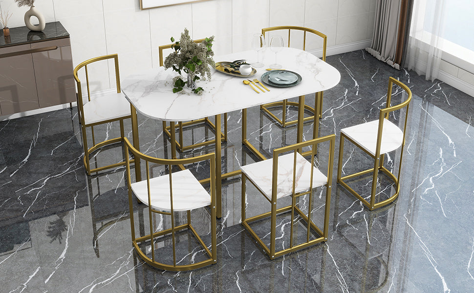 Modern 7-Piece Dining Table Set with Faux Marble Compact 55 In Kitchen Table Set for 6