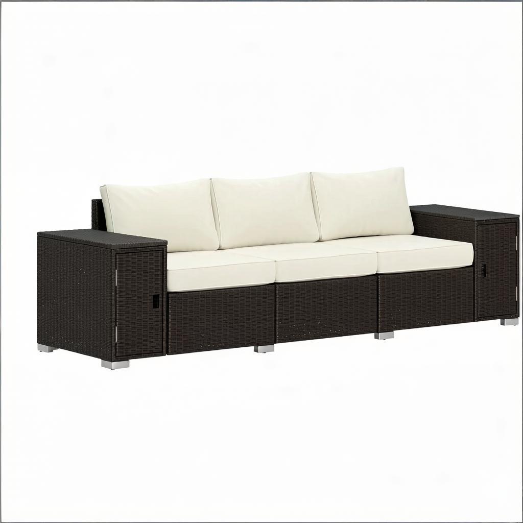 Outdoor Sofa Set Wicker Cream Brown 3 Seat Storage Armrests 794 lb Cap