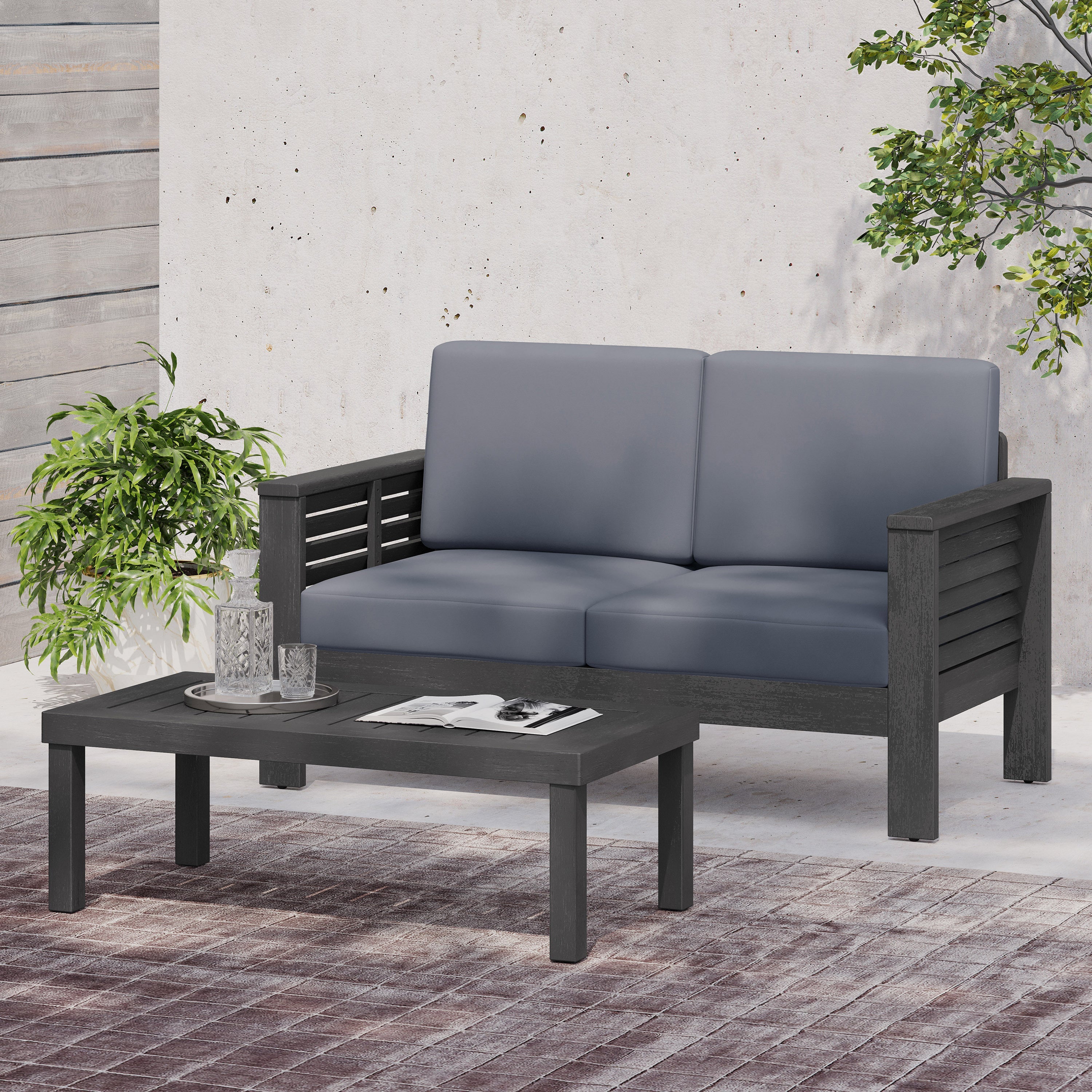 Outdoor Patio Set Acacia Wood Gray 2 Piece Loveseat Coffee Table Cushions