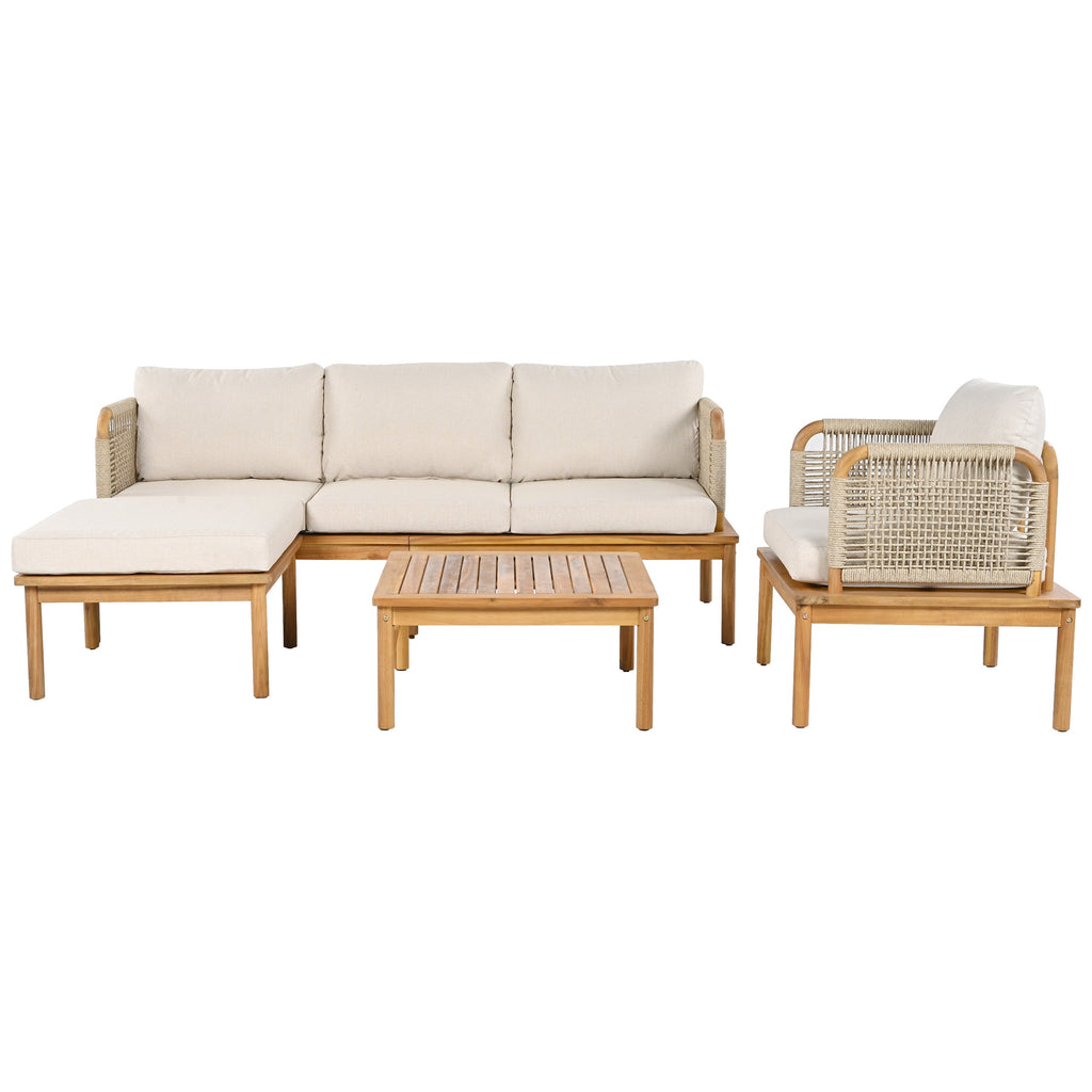 Outdoor Sofa Set Acacia Wood Rope 4 Piece Teak Beige