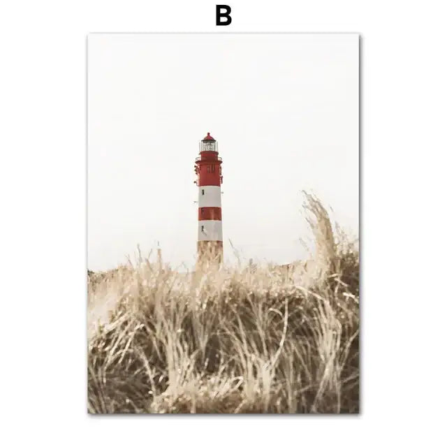 Nordic red & white lighthouse beach landscape canvas living room art