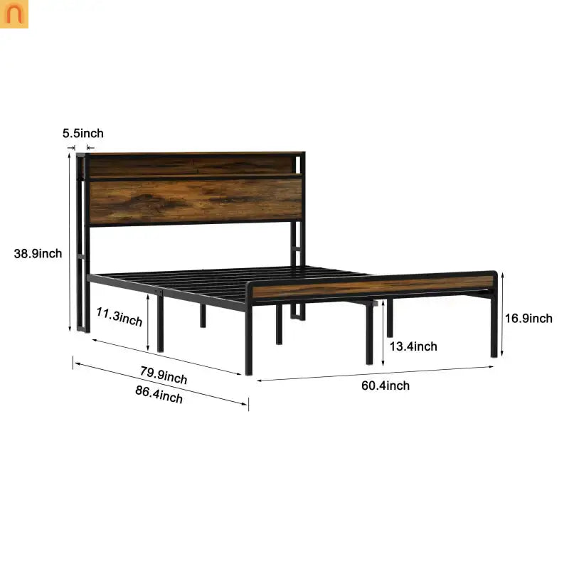 Bed Frame Queen LED Headboard Antique Brown USB Ports Storage