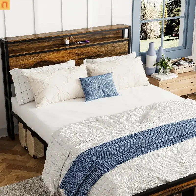 Bed Frame Queen LED Headboard Antique Brown USB Ports Storage
