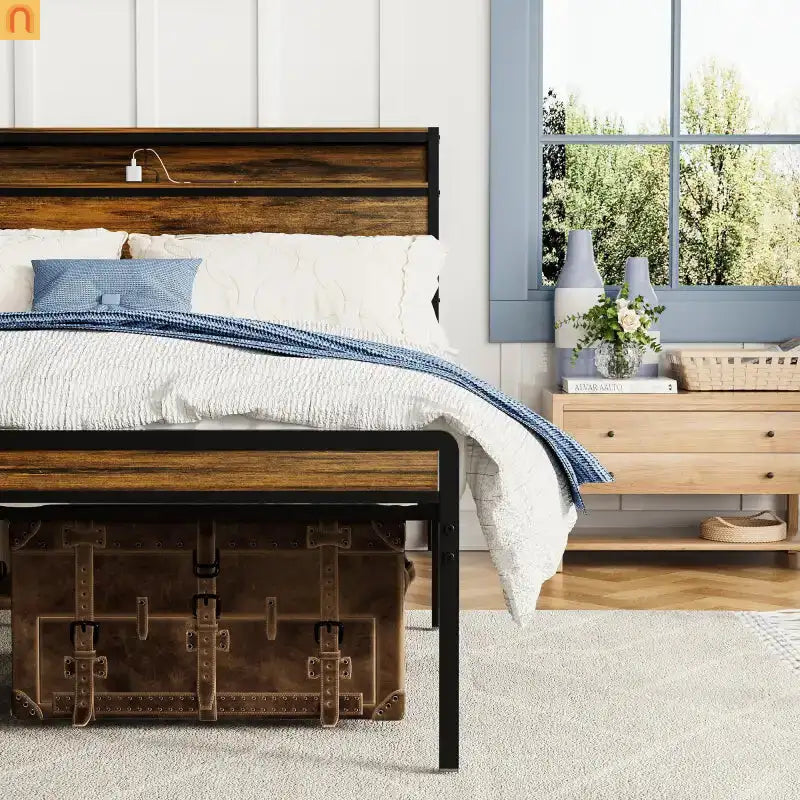 Bed Frame Queen LED Headboard Antique Brown USB Ports Storage