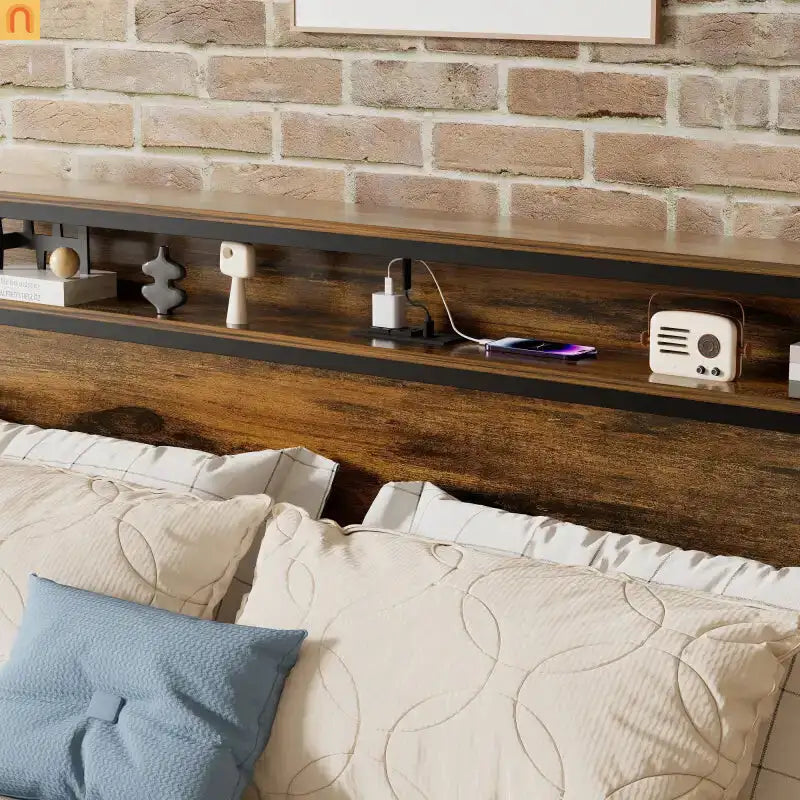 Bed Frame Queen LED Headboard Antique Brown USB Ports Storage