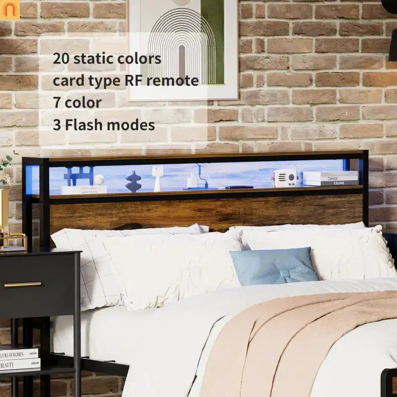 Bed Frame Queen LED Headboard Antique Brown USB Ports Storage
