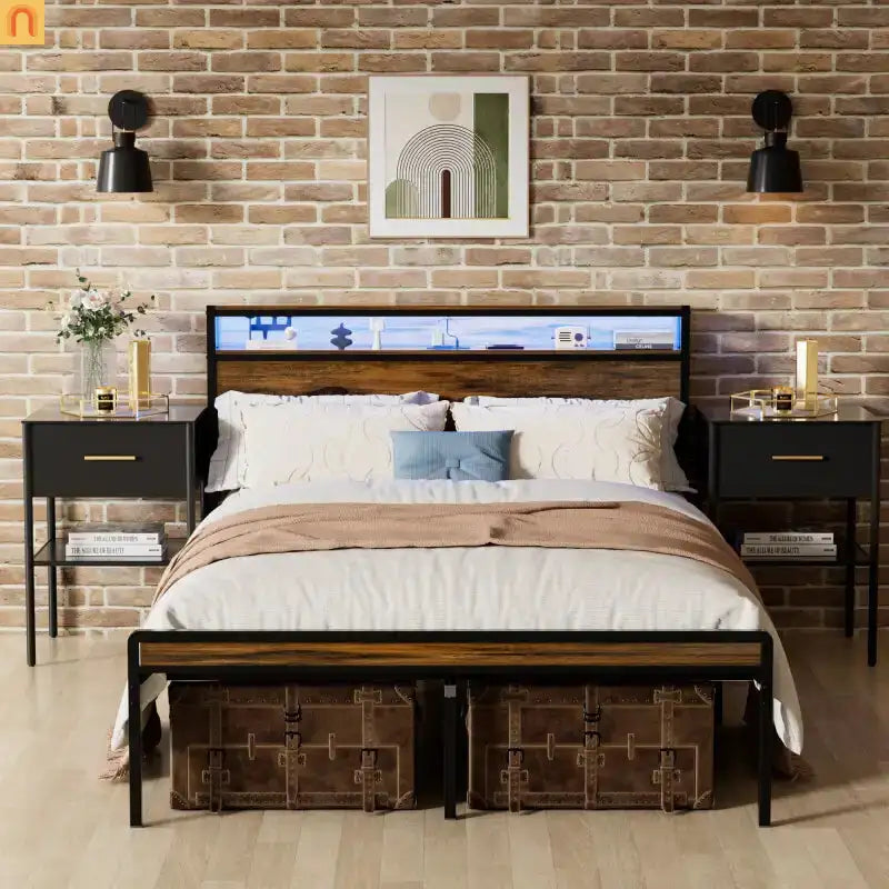 Bed Frame Queen LED Headboard Antique Brown USB Ports Storage