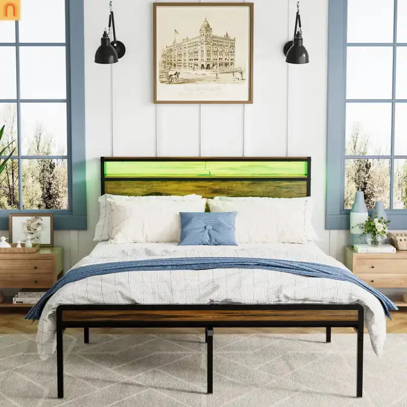 Bed Frame Queen LED Headboard Antique Brown USB Ports Storage