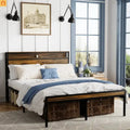 Bed Frame Queen LED Headboard Antique Brown USB Ports Storage