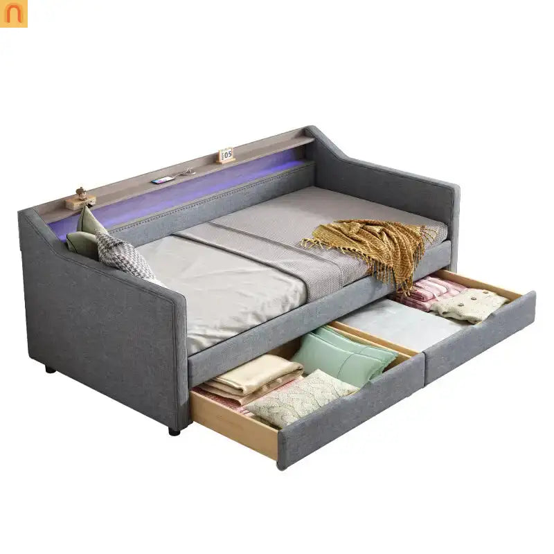 Bed Frame Daybed Twin Linen Light Gray 16-Color LED USB Storage