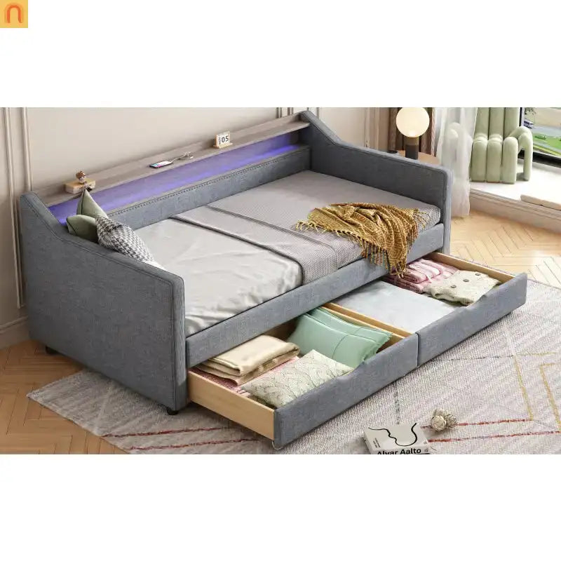 Bed Frame Daybed Twin Linen Light Gray 16-Color LED USB Storage