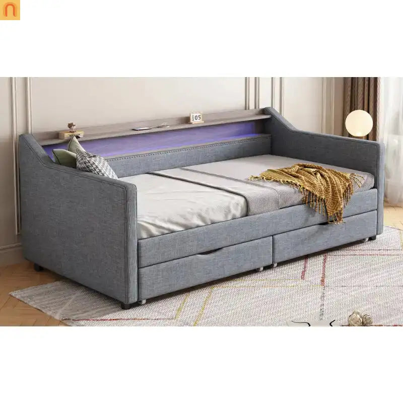 Bed Frame Daybed Twin Linen Light Gray 16-Color LED USB Storage