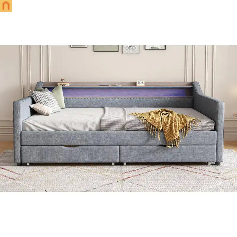 Bed Frame Daybed Twin Linen Light Gray 16-Color LED USB Storage