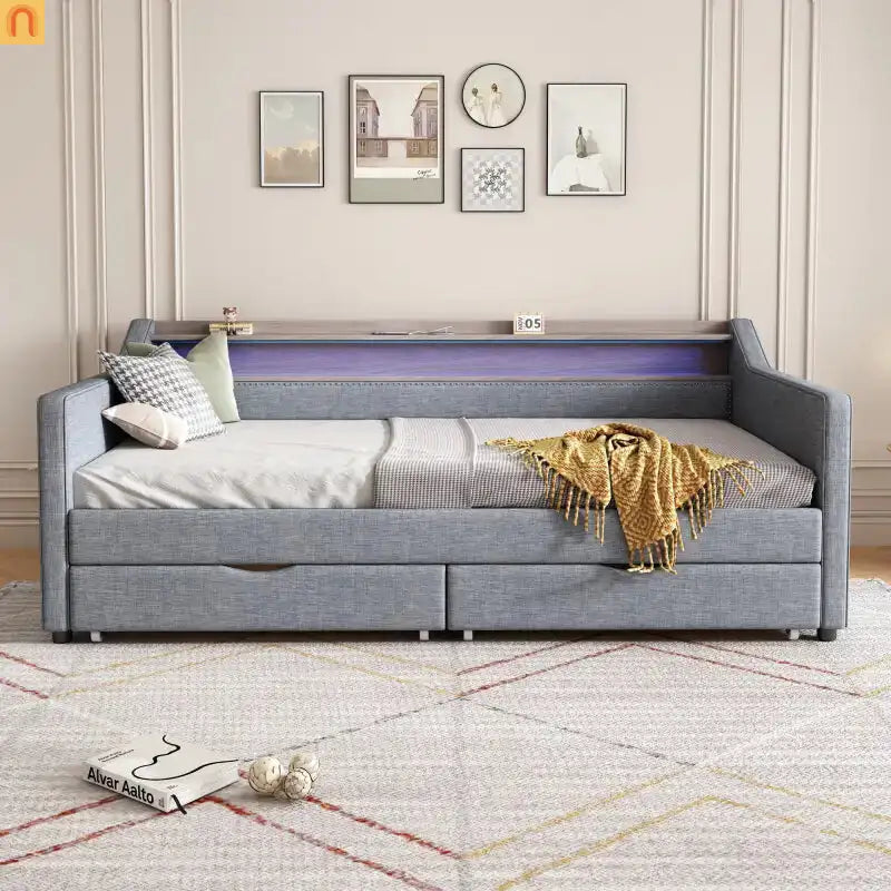 Bed Frame Daybed Twin Linen Light Gray 16-Color LED USB Storage