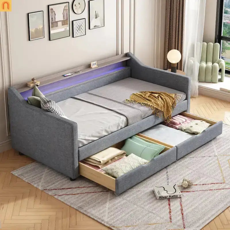 Bed Frame Daybed Twin Linen Light Gray 16-Color LED USB Storage