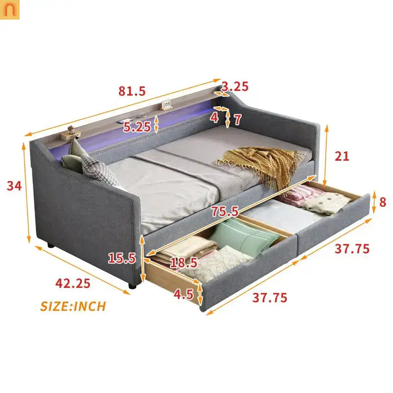 Bed Frame Daybed Twin Linen Light Gray 16-Color LED USB Storage