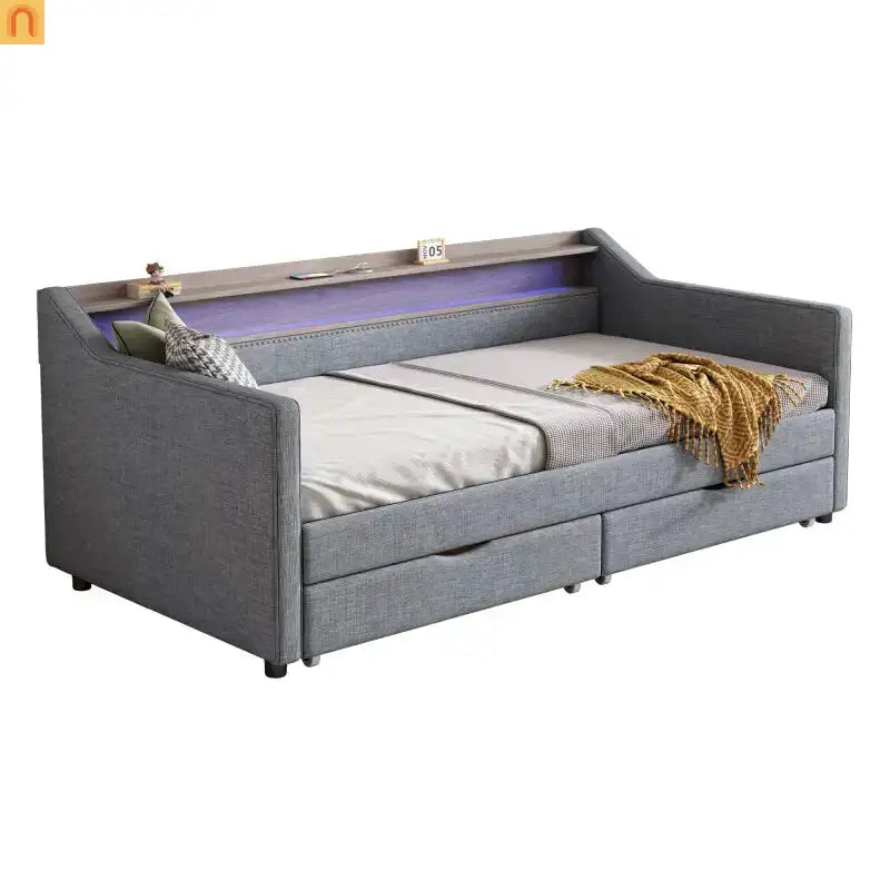 Bed Frame Daybed Twin Linen Light Gray 16-Color LED USB Storage