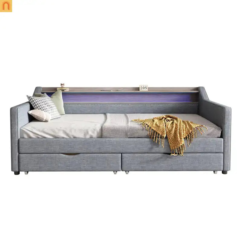 Bed Frame Daybed Twin Linen Light Gray 16-Color LED USB Storage