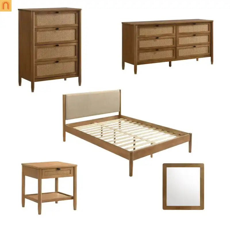Bedroom Set Queen Walnut Textured Headboard Dresser Nightstand 5pc
