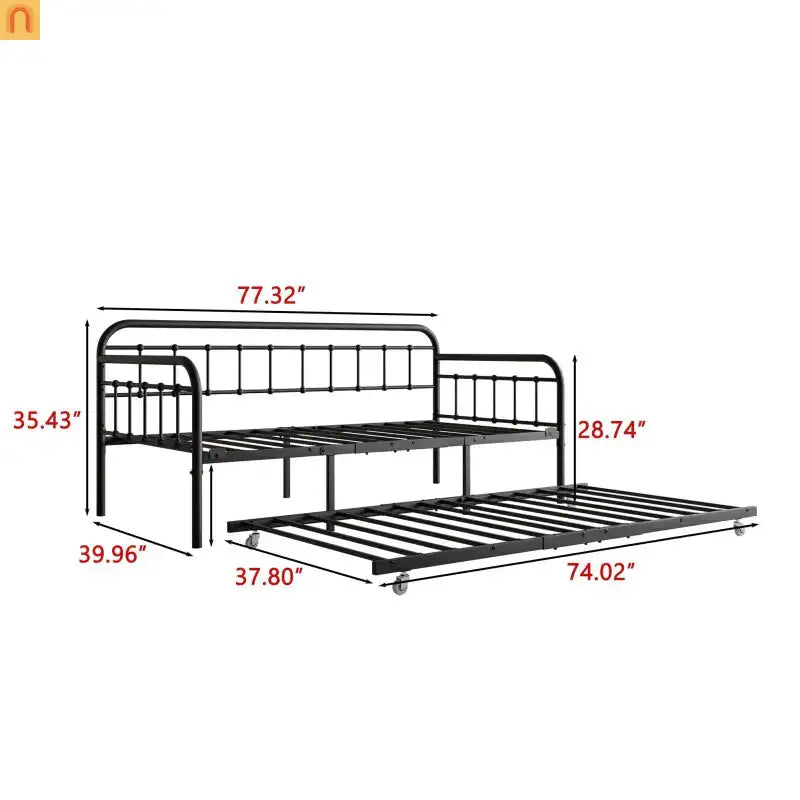 Daybed Metal Black Twin Roll-Out Trundle Caster Wheels 66 lb