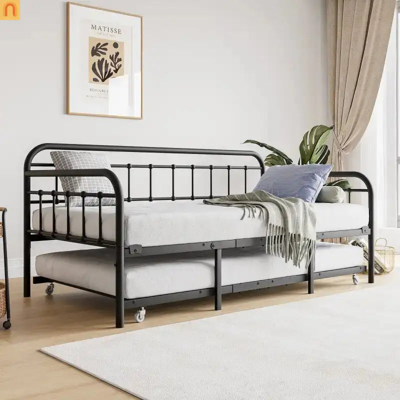 Daybed Metal Black Twin Roll-Out Trundle Caster Wheels 66 lb
