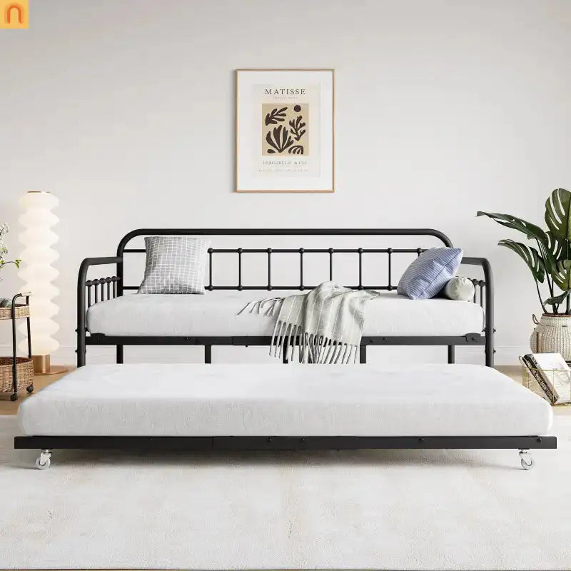 Daybed Metal Black Twin Roll-Out Trundle Caster Wheels 66 lb